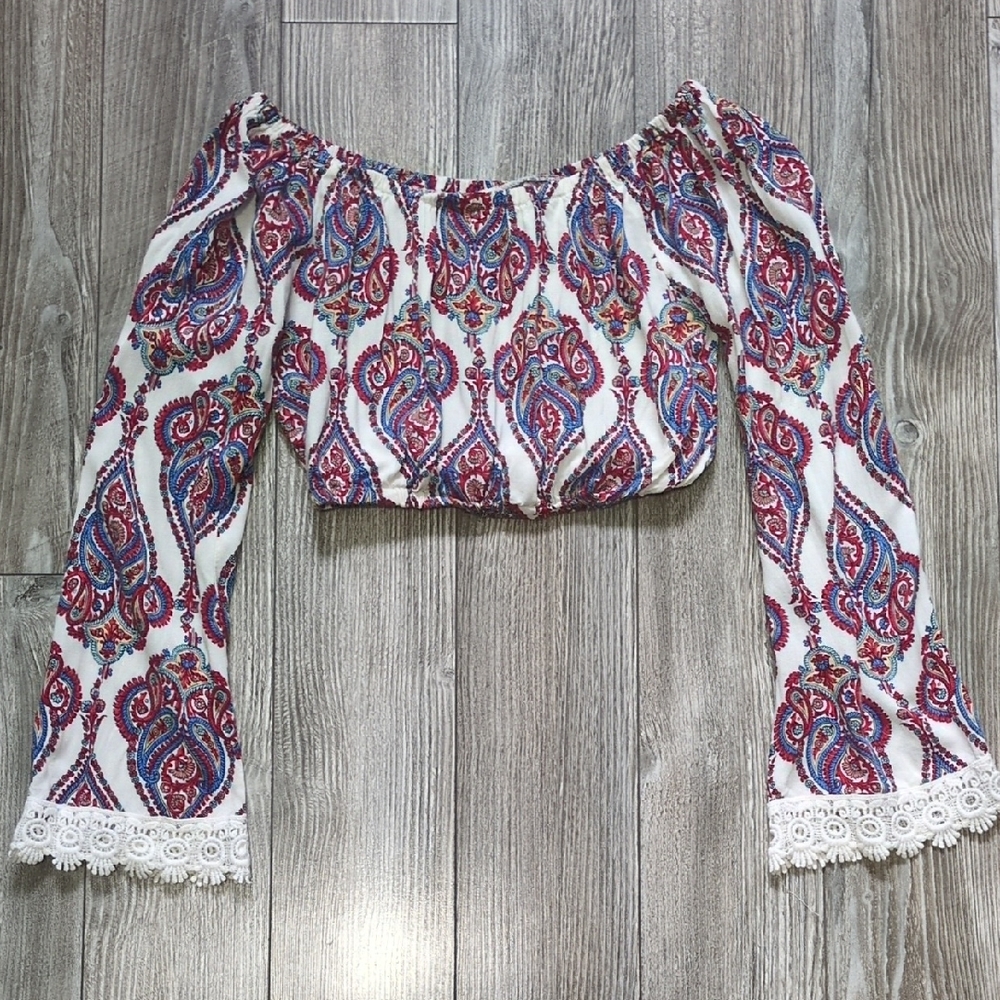 LA Hearts Pacsun Paisley Bohemian Long Sleeve Off the Shoulder Crop Top XS